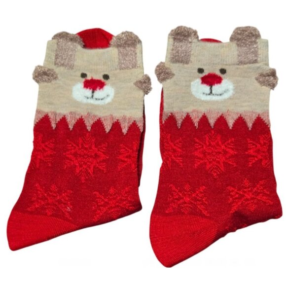 2 Pairs Christmas Adult Mid-Calf Cozy Snowflake & Reindeer Bear Design Socks NEW - Picture 5 of 7